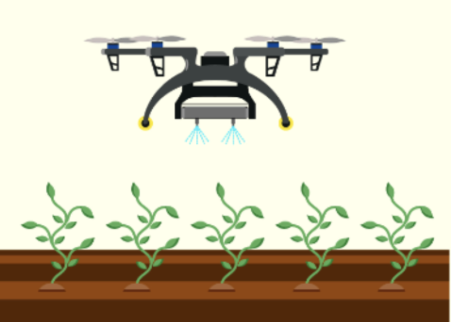 Drone illustration spraying fertilizer over a crop